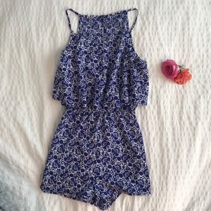Blue and white patterned romper